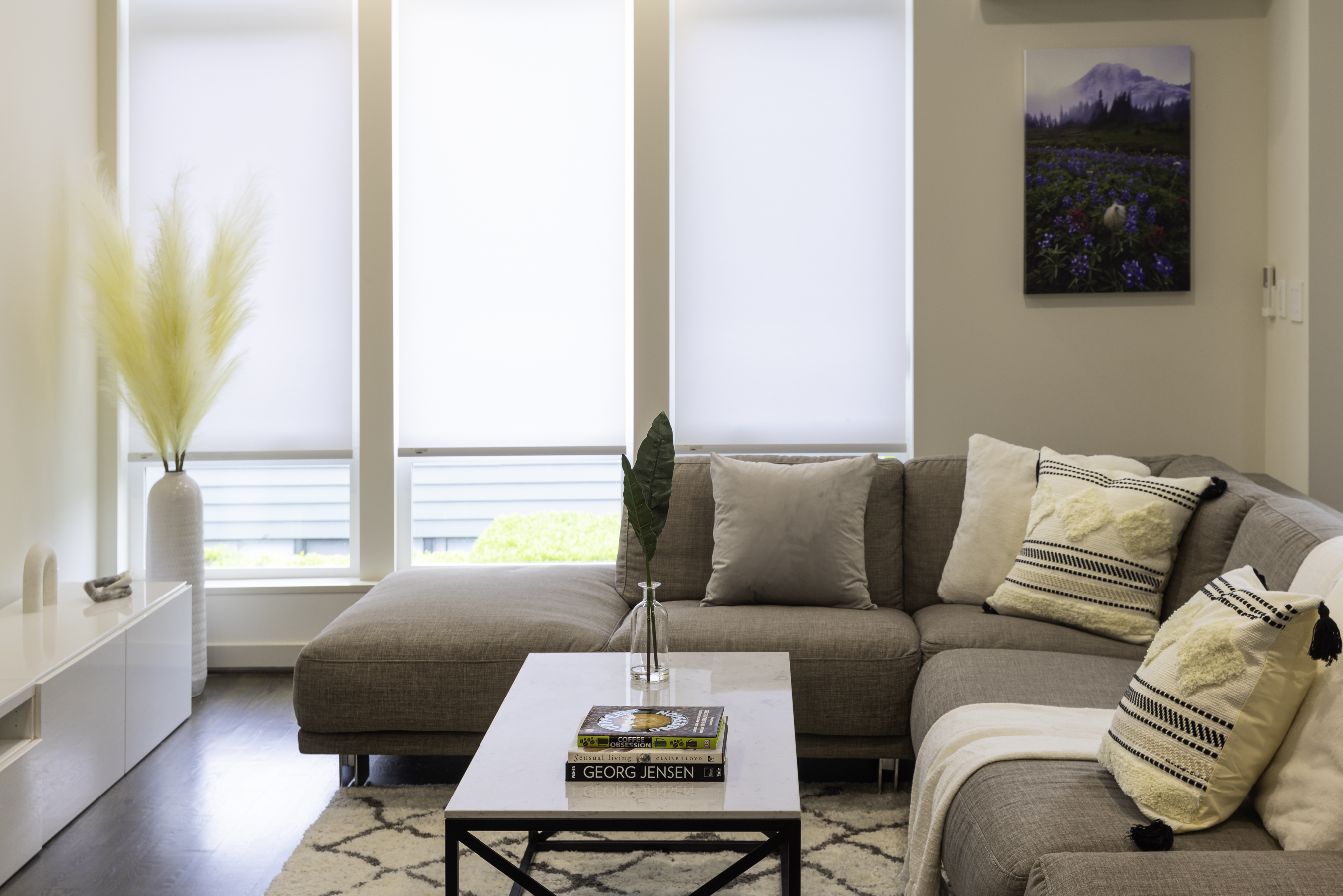 Open-plan living room with motorized blinds and smart TV
